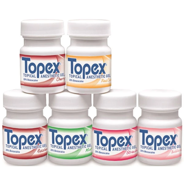 Gel anestésico tópico con sabor a plátano Topex (Benzocaína 20%), frasco de 1 oz.