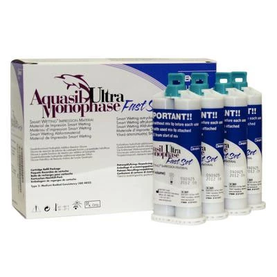 Aquasil Ultra Monofásico (Púrpura) de fraguado rápido, 4 cartuchos de 50 mL y 12 mezcladores.