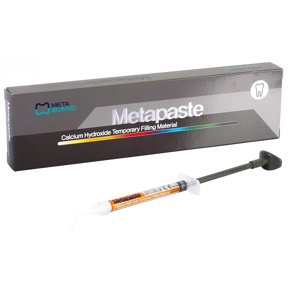 Material de relleno temporal para conductos radiculares Metapaste, hidróxido de calcio con bario.