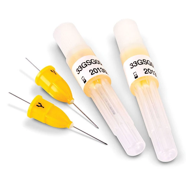 Agulhas Dentárias TSK 33 ga X-Short (14mm), Estéreis 100/caixa. Base de plástico amarelo.