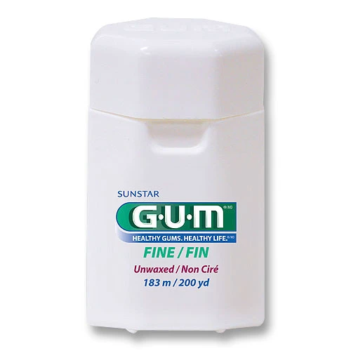 GUM Fine Unwaxed Floss 200 yd, 6/Pk. Unflavored. Thin, shred-resistant dental