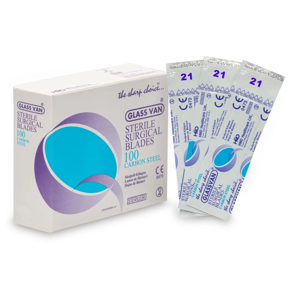 Cuchilla quirúrgica estéril de acero carbono Myco Medical #21, caja de 100 cuchillas.