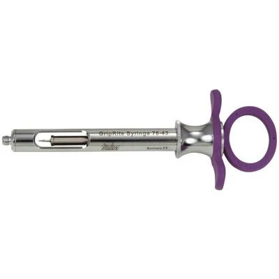 Jeringa aspirante Miltex GripRite Petite con empuñaduras de silicona morada. Jeringa aspirante Miltex GripRite Petite con empuñaduras de silicona morada.