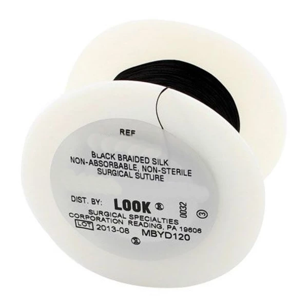 Look 5/0, 100 Yards of Silk Black Braided Sutures on a Spool, Package of 1