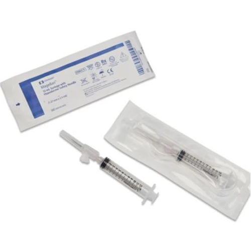 Jeringa Magellan de 3 mL con aguja hipodérmica de seguridad, 23 G x 1", 50/unidad.
