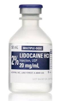 Lidocaina HCL 2% iniezione senza conservanti MDV 50ml. Scatola da 25 fiale con tappo a scatto.