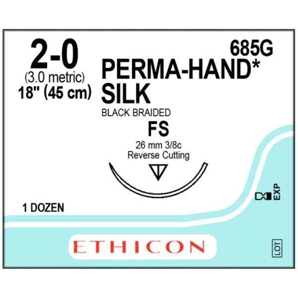 Sutura No Absorbible de Seda Negra Ethicon Perma-Hand 2/0, 18", 12/Caja