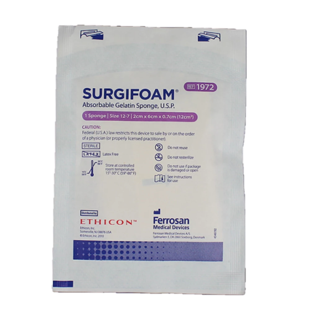 Surgifoam Absorbable Gelatin Sponge, 2 cm x 6 cm x 7 mm, Sterile 12/Box. USP