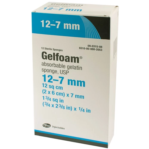 Esponjas GelFoam, estériles, 12 cm² (2 x 6 cm) x 7 mm, 12 por caja. Uso único estéril.