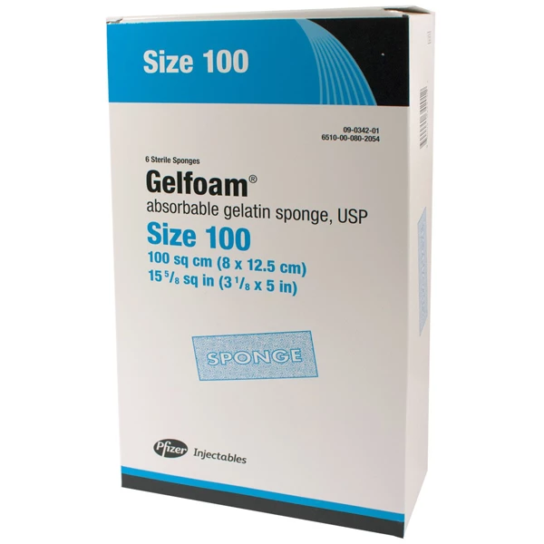 GelFoam Absorbable Gelatin Sponges Size 100 sq cm (8 cm x 12.5 cm), Sterile, 6