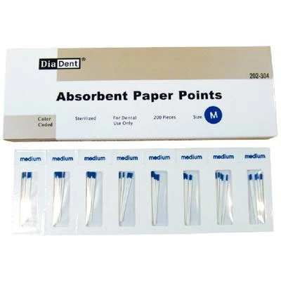 Puntas de papel absorbente DiaDent Medium Blue, enrolladas a mano, paquete de 200.