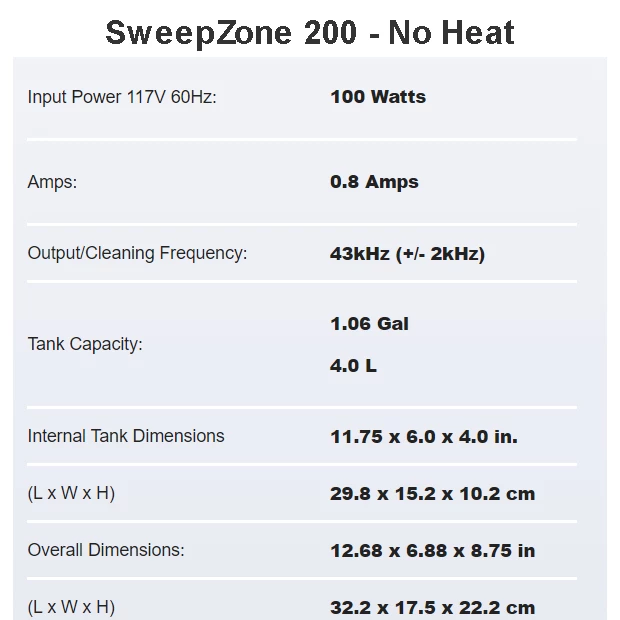 SweepZone 200 - 1.25 Gal Ultrasonic Cleaner w/PWM, Digital Timer - No Heat