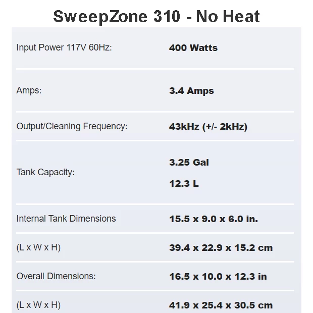 SweepZone 310 - 3.25 Gal Ultrasonic Cleaner w/PWM, Digital Timer - No Heat