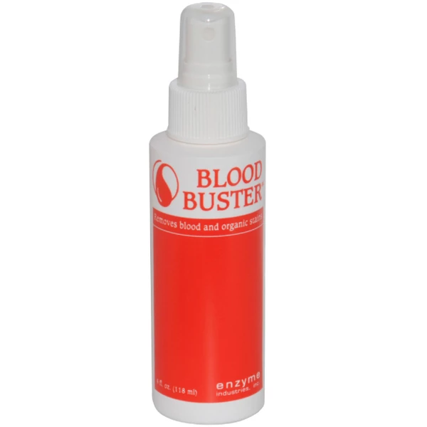 Botella de removedor de manchas orgánico Blood Buster de 4 oz, formulada para uso dental y médico.
