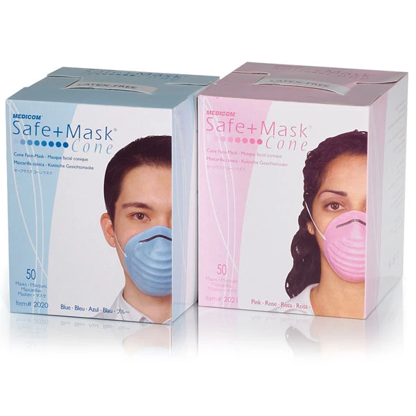 Mascarillas de cara en forma de cono SafeMask Blue, caja de 12 x 50. Aluminio flexible.