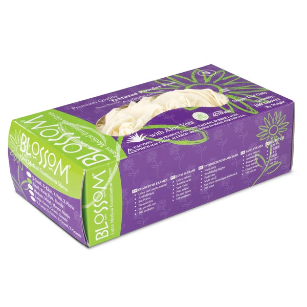 Luvas de Látex Blossom: MÉDIO 100/caixa. Sem pó com Aloe Vera, Texturizadas.