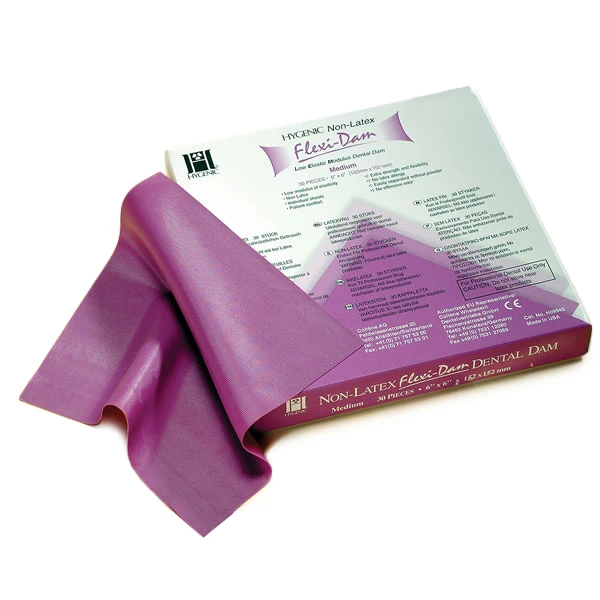 Dique dental Hygenic Flexi de 6" x 6", de gauge medio, violeta, sin aroma y sin látex.
