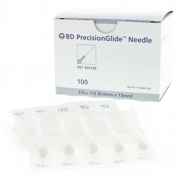 Aguja hipodérmica estéril de uso general BD. Pared regular, bisel regular. 27 G x