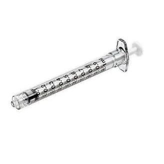 Jeringa desechable BD Luer-Lok de 1 mL. Tiene graduación de 1/100 mL. Estéril, de un solo uso.