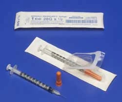 Jeringa de insulina Monoject SoftPack de 1 mL con aguja 28 G x 1/2". Estéril.