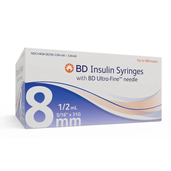 Jeringa de insulina BD Ultra-Fine II con aguja corta de 1/2 cc, 31 G x 8 mm (5/16"), 100 por caja.