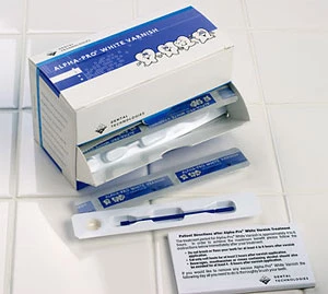 Alpha-Pro White Varnish, 5% Sodium Fluoride, Mint Flavor. Varnish dries