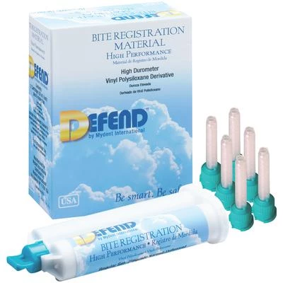 Material de Registro de Mordida Defend, Sabor Neutro, Set Regular, 2 cartuchos de 50 mL y 6 puntas de mezcla.