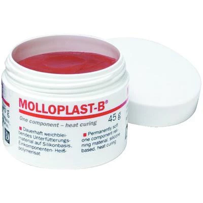 Material de rebasado Molloplast-B Soft, frasco de 45 g. Curado por calor, de un solo componente.
