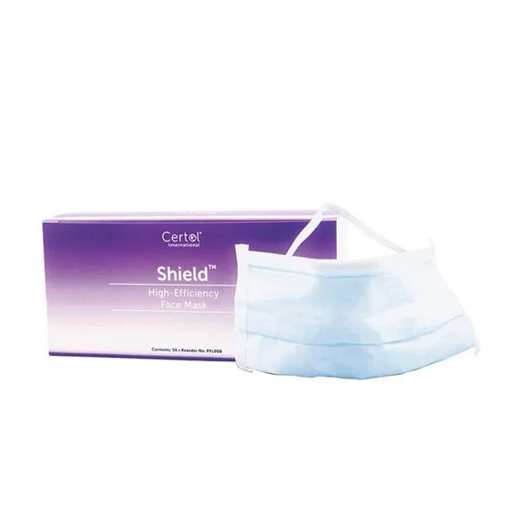 Mascarilla facial Shield Blue con banda de retención, caja individual, 50/unidad. Resistente a fluidos.