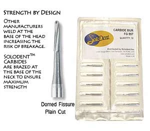 SoloDent FG #1157 Straight Dome Plain Cut Fissure Carbide Bur, Pack of 10