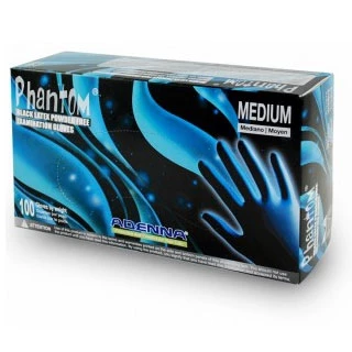 Guantes de examen de látex Adenna Phantom: Medianos, color negro, completamente texturizados, 1000/caja.