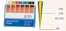 Puntos de Gutta Percha HTM tamaño #40, Conicidad: 0.02, Hechos a mano, Estandarizados por ISO.