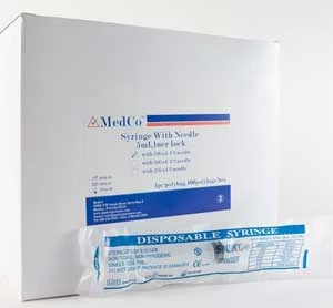 Jeringa Medco de 5cc con aguja de 22G x 1/2", Luer Lock, desechable, estéril, caja.