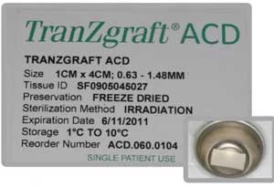 Tran Zgraft AC Dermis Soft Tissue Graft 2x4 cm, Freeze Dried. AC Dermis soft