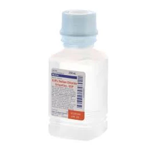 Baxter soluzione salina 0,9% per irrigazione, 250 mL USP. Bottiglia in plastica.