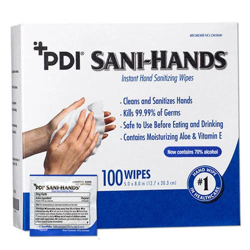 Toallitas desinfectantes para manos Sani-Hands, paquetes individuales, 100 toallitas. 70%
