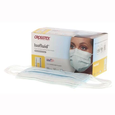 Mascarilla Isofluid con lazo para orejas - Azul, 50/paquete. Capa exterior resistente a fluidos, tejido blanco.