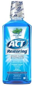 Act Restoring Anticavity Fluoride Mouthwash, Cool Splash Mint flavor. Freshens