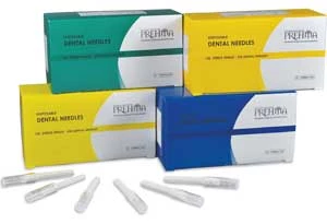Aguja dental desechable Prehma, 30 calibre X-corta, 100/un. Base azul.