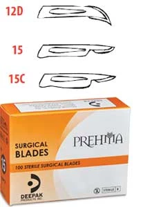 Lâmina de Bisturi Cirúrgico Estéril de Aço Carbono Prehma #15C, Uso Único, Caixa com 100 unidades.
