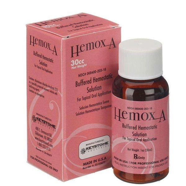 Solución Hemostática Amortiguada Hemox-A, botella de 30 cc. 25% de Cloruro de Aluminio.