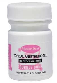 Gel anestésico tópico Master-Dent sabor chicle (Benzocaína 20%), frasco de 1 oz.