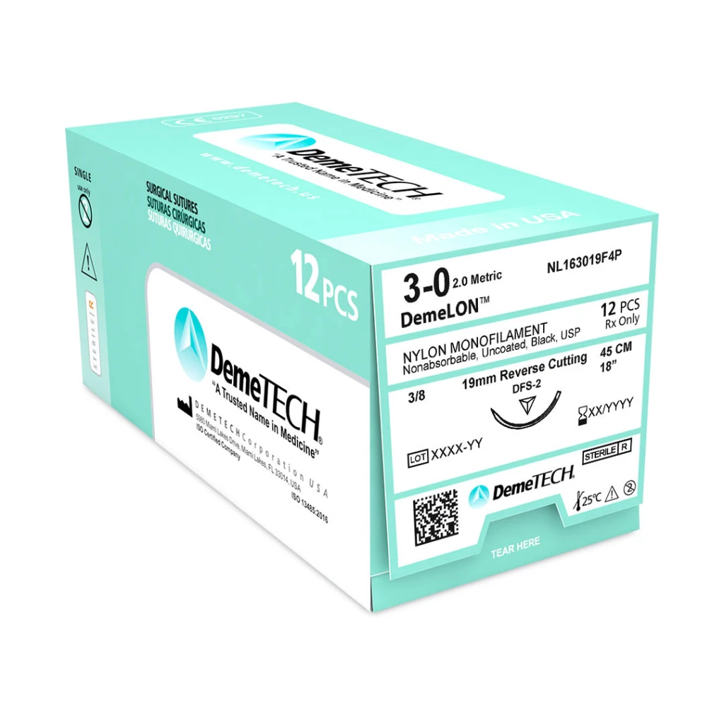 DemeLON 3/0 Nylon Monofilament Non-Absorbable Suture, 18", Black,12/Box