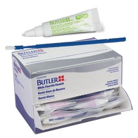 Butler 5% Sodium Fluoride Varnish - Bubble Gum Flavor. White varnish blends