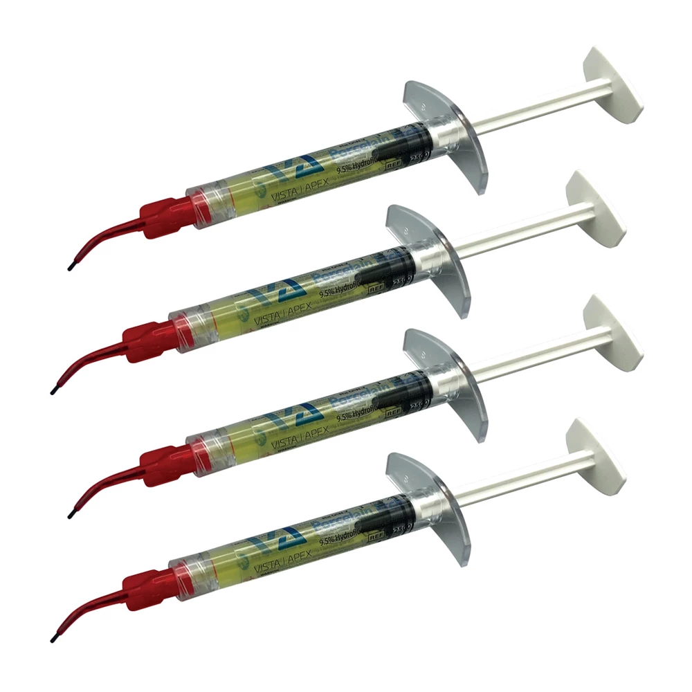 Kit de recarga de gel de grabado de ácido hidrofluórico Vista Apex 9.5% - 4 jeringas de 1.2 mL, 25 puntas de cepillo Spira-Flo de 25 Ga.