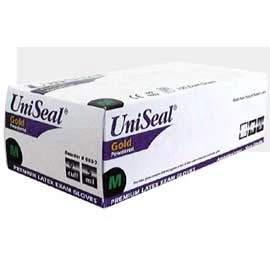 Guante de examen UniSeal Gold de látex: grande, no estéril, con polvo, suave, caja de 100.