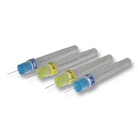 Aguja dental ATI 30ga X-Corta 12 mm 100/Paq. Base de plástico, azul.