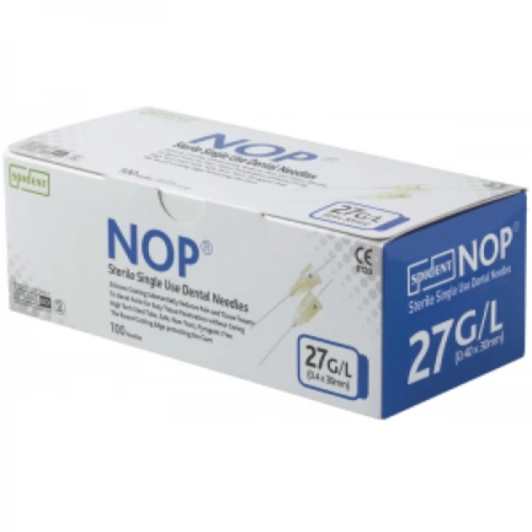 Agujas dentales desechables Spident de 27 calibres largas (0.4X30mm) Caja de 100 agujas.