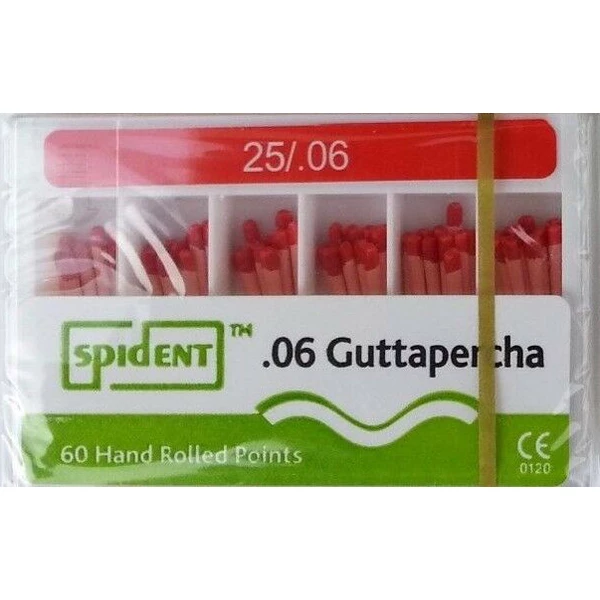 Puntos de gutapercha cónicos Spident #25 .06, enrollados a mano, codificados por color, caja.