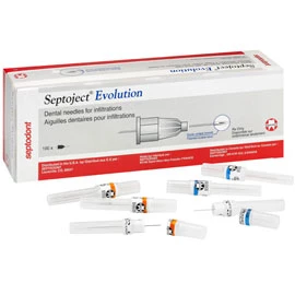 Aguja dental desechable de infiltración Septoject Evolution de 27 calibre y 25 mm corta.